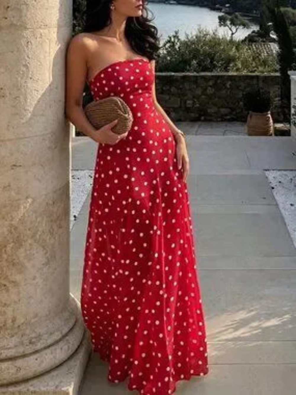 ZARA Red and White Casual Women's Polka Dot Strapless Puff Sleeve Long Dress